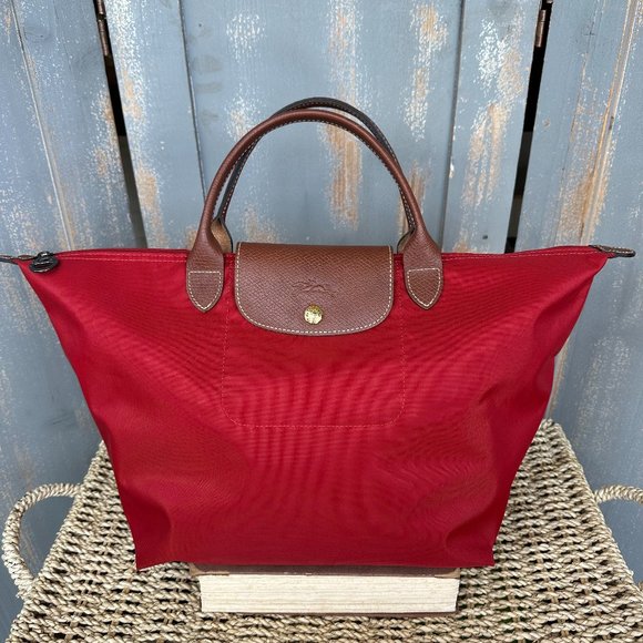 Longchamp Handbags - Longchamp Le Pliage Short Handle M Nylon Bag Tote Red